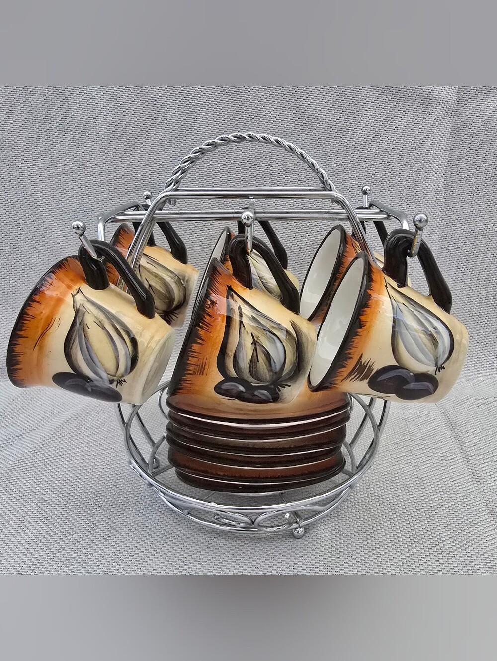 Vintage  Espresso 6 Demitas Cup & Saucer Set W Wire Caddy - Tuscany Inn & Suites